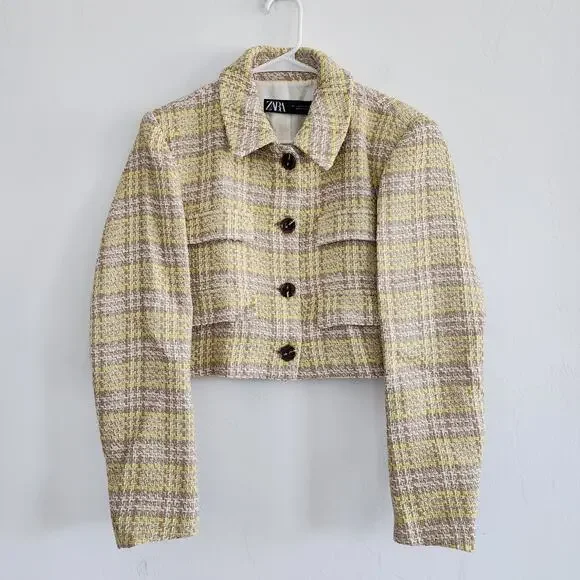 Zara Beige & Yellow Textured Cropped Blazer Button Down Size Large
